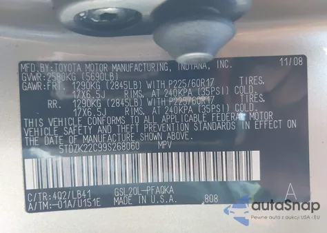 2009 Toyota Sienna Limited from USA, damaged, VIN 5TDZK22C99S268060